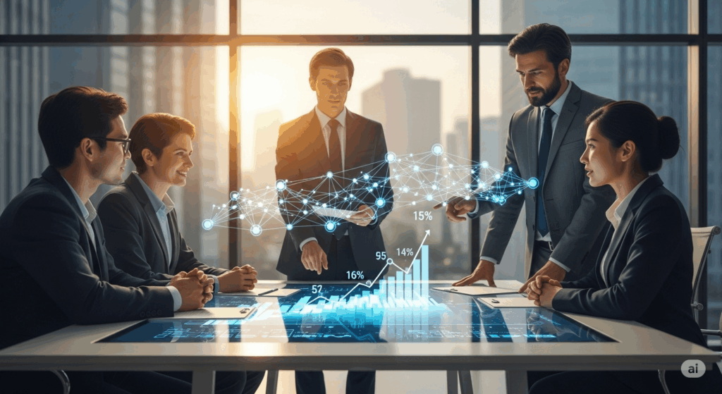 A diverse team of professionals collaborating around a conference table with a glowing digital chart displaying financial growth and a network of connected data points.